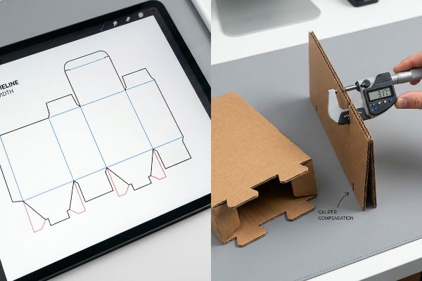 Digital micrometer measures 3.17 mm corrugated board thickness, showing Caliper Compensation alongside a tablet displaying a packaging dieline.