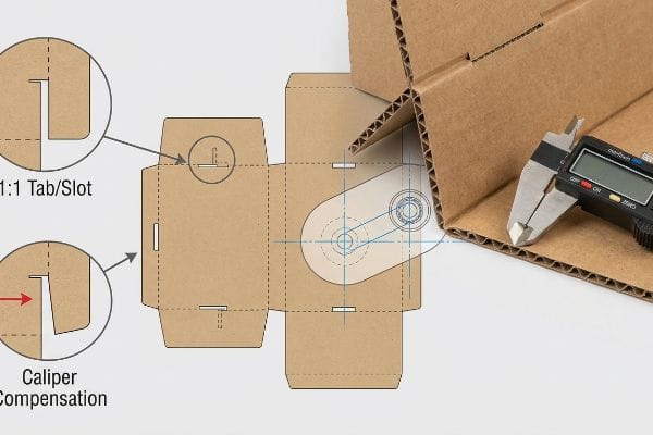 يوضح الرسم التخطيطي للكرتون المموج نسبة 1:1 بين اللسان والفتحة وتعويض الفرجار لبدل الانحناء، مع فرجار رقمي لقياس سمك الفلور B.