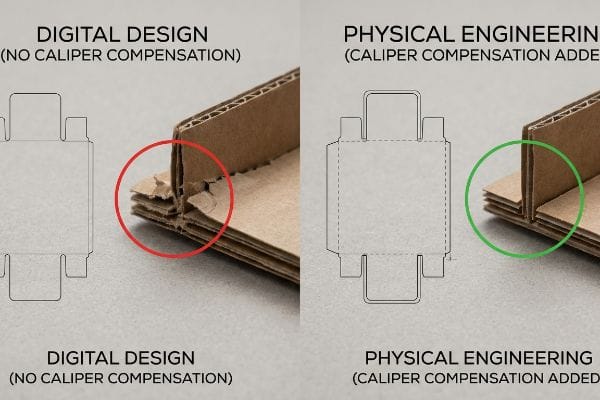 Corrugated cardboard demonstrates Digital Design (No Caliper Compensation) with a torn fold versus Physical Engineering (Caliper Compensation Added) with a clean, precise fold.