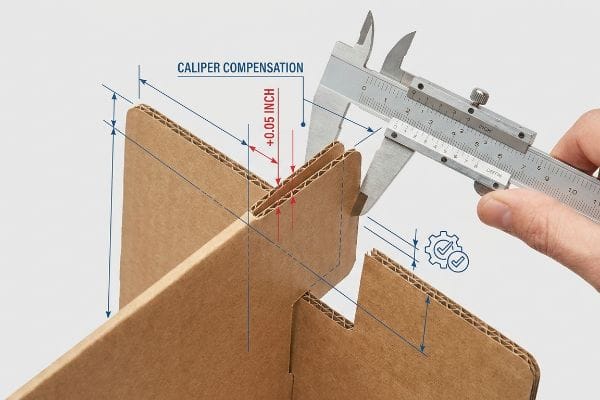 Corrugated board interlocking tabs are measured with a caliper, showing a +0.05 inch Caliper Compensation for precise fit.