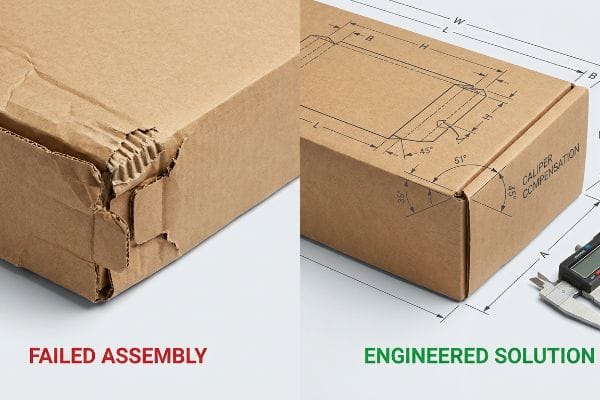 Torn 'Failed Assembly' box vs. 'Engineered Solution' with 'Caliper Compensation' blueprint.