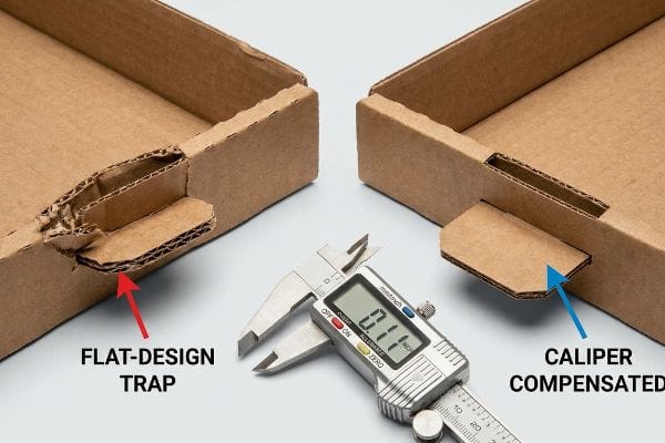 Corrugated cardboard demonstrates a Flat-Design Trap with a buckled tab and a Caliper Compensated slot, measured by a digital caliper at 0.11 inch.