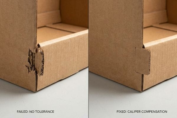 Brown corrugated cardboard displays a failed, torn interlocking tab labeled