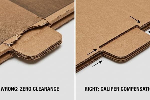 Corrugated cardboard illustrates Wrong: Zero Clearance causing tears versus Right: Caliper Compensation for smooth tab insertion.