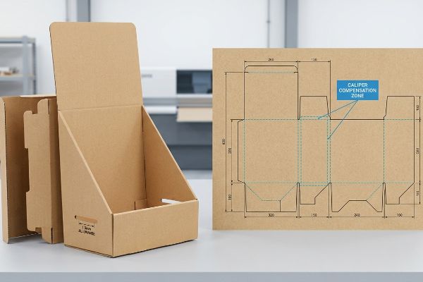Kraft corrugated board point-of-purchase display and its technical dieline with a Caliper Compensation Zone and 1.5mm allowance.