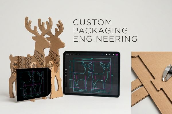 纸板驯鹿模型和一台显示互锁结构 CAD 模切线的平板电脑,以及一台用于测量定制包装工程瓦楞纸板槽的卡尺。.