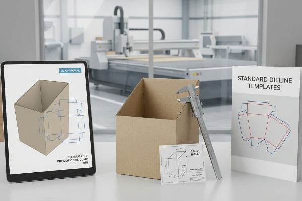 Caliper, corrugated dump bin, 3D Approval tablet, Dieline Templates, 2.8mm B-flute.