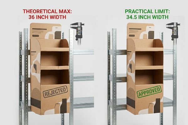 Natural kraft cardboard display showing a 36-inch wide 'Rejected' unit next to an 'Approved' 34.5-inch wide unit, highlighting practical end-cap width limits on metal shelving.