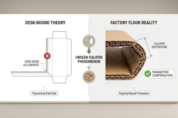 Diagramme de pliage de carton ondulé comparant la tolérance de pliage zéro de la théorie du travail à la tâche avec la distorsion à l'étrier et la compensation paramétrique de la réalité de l'atelier.