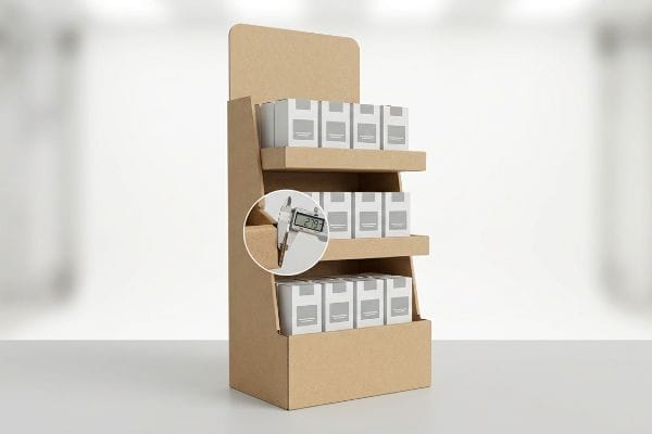 A digital caliper measures 2.79 mm on a folded corrugated cardboard display, demonstrating precise fold caliper compensation for tiered shelves.