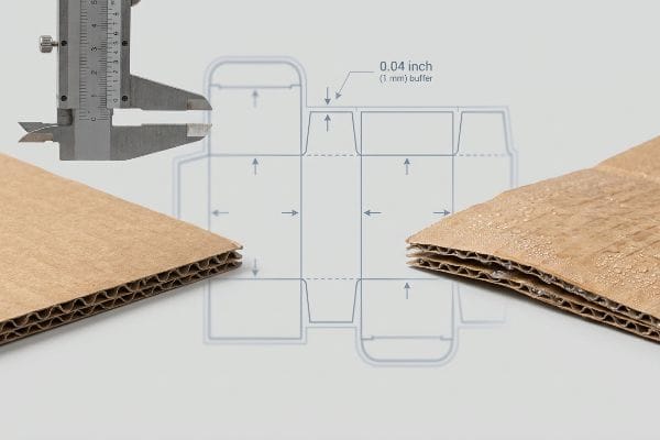 Corrugated cardboard thickness is measured by a caliper, alongside a die-line showing a 0.04 inch (1 mm) humidity buffer for moisture swelling.