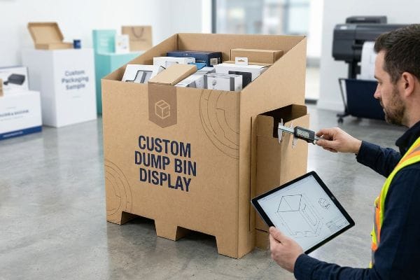A man in a safety vest measures a Custom Dump Bin Display with a digital caliper, reviewing a CAD dieline on a tablet.