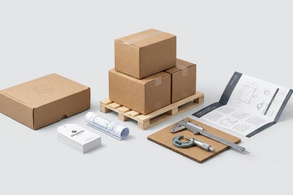 Brown corrugated cardboard boxes, a wooden pallet, micrometer, caliper, rolled blueprints, and a technical document for packaging design.