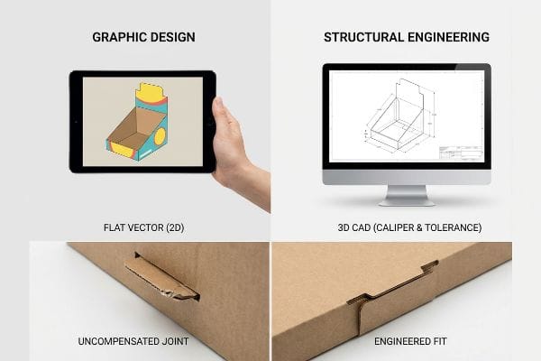 四格图对比包装设计：平面矢量（2D）图形、3D CAD（卡尺和公差）结构工程、对比未补偿连接与工程配合。.