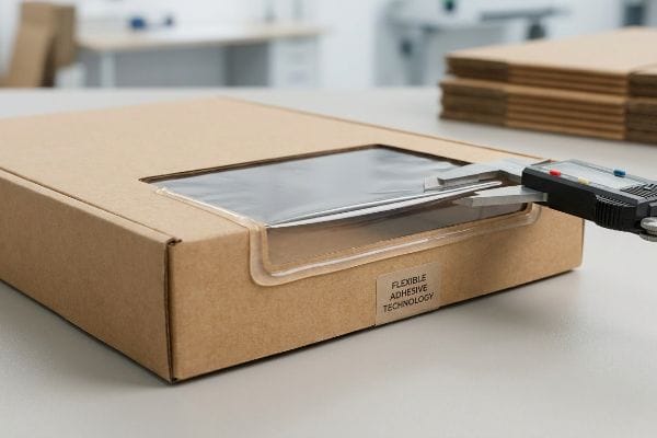 A digital caliper measures the thickness of a clear window patch on a brown Kraft paper box, labeled 