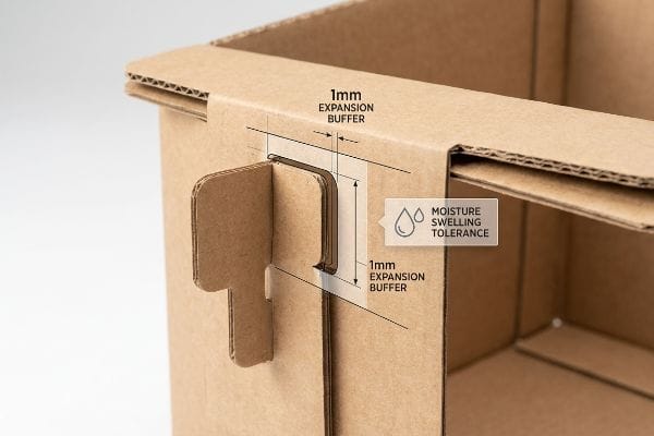 Corrugated cardboard locking tab showing 1mm Expansion Buffer for Moisture Swelling Tolerance.