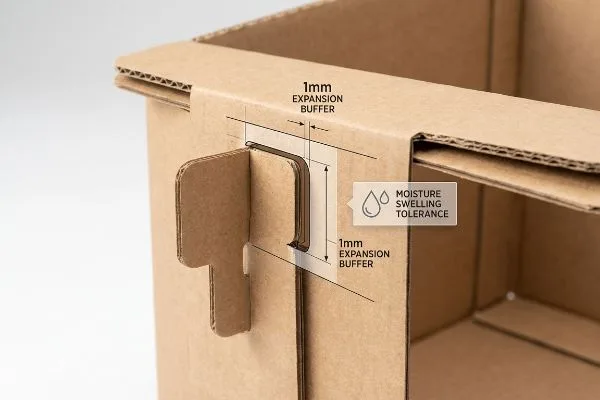 Verriegelungslasche aus Wellpappe mit 1 mm Ausdehnungspuffer zur Toleranz gegenüber Feuchtigkeitsquellung.