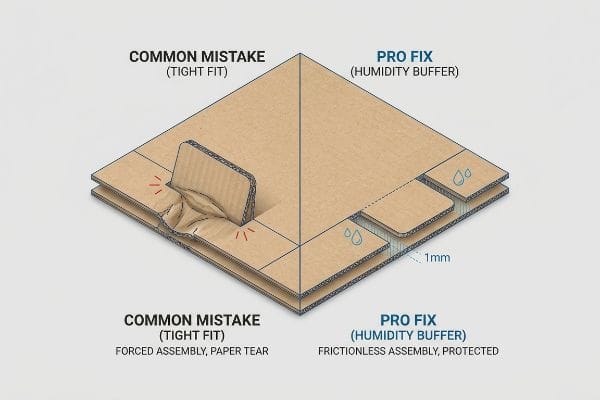 Brown corrugated cardboard diagram contrasting a Common Mistake (Tight Fit) with paper tear against a Pro Fix (Humidity Buffer) showing a 1mm gap for frictionless assembly.