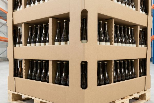 Heavy-duty corrugated cardboard club pallet display filled with dark beverage bottles, engineered for warehouse shop-through visibility.