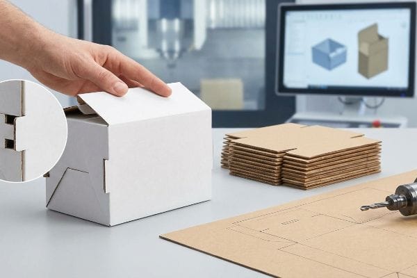 Hand closing a white cardboard box with interlocking tabs, demonstrating frictionless assembly for rapid prototyping and white sample validation.