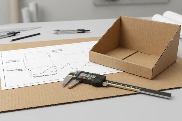 Corrugated cardboard with a digital caliper showing 2.70mm, a box blueprint with CAD Caliper Compensation and Bend Allowance: 1.4mm, and a brown cardboard display box.