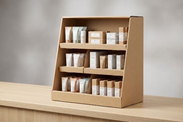 A three-tier cardboard counter display filled with small cosmetic products stands on a light wooden surface, ideal for retail merchandising.