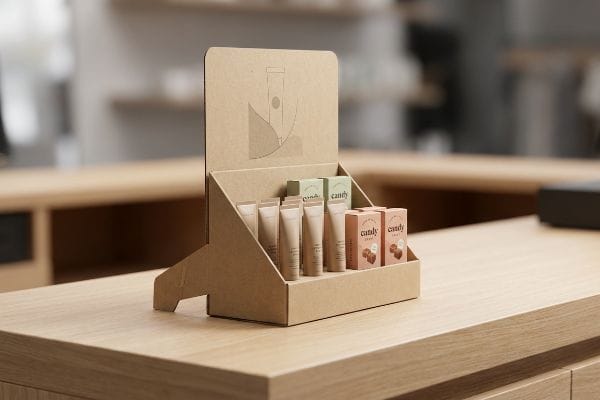 Kraft cardboard countertop display showcasing 'Candy' brand green and reddish-brown boxes, alongside beige tubes, featuring an engineered easel back for stability.