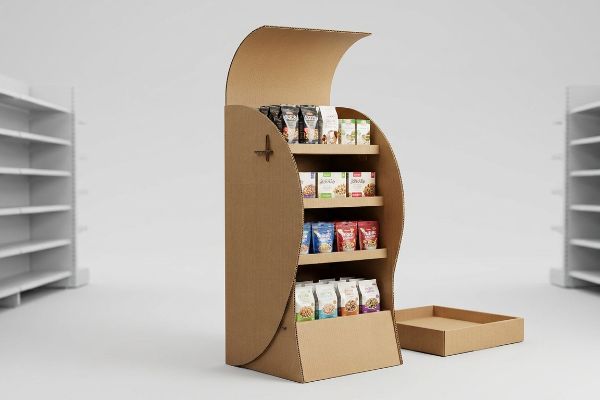 Corrugated cardboard point-of-purchase display with a curvy die-cut design, showcasing retail snack packages on shelves.