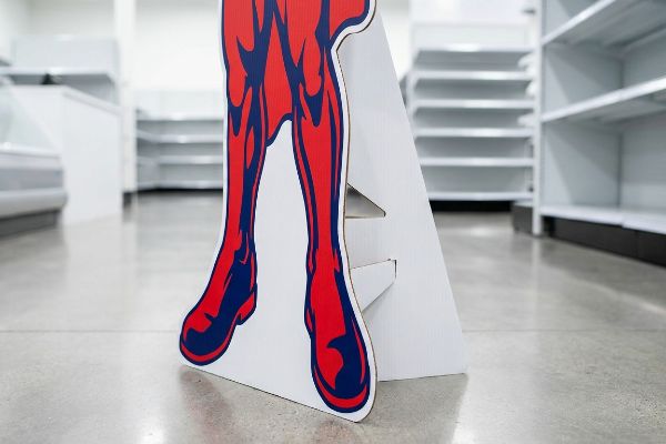 White corrugated cardboard cutout stand with red and blue legs, showing its easel back support on a concrete floor in an empty retail aisle.