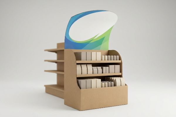 Brown corrugated cardboard retail end-cap display with multi-tiered shelves holding unbranded products, featuring a blue and green die-cut header with an empty white oval.
