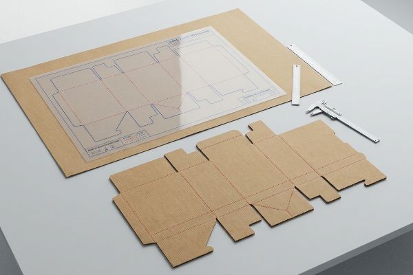 A transparent dieline overlay on a brown cardboard sheet, with a die-cut packaging dieline, caliper, and rulers.