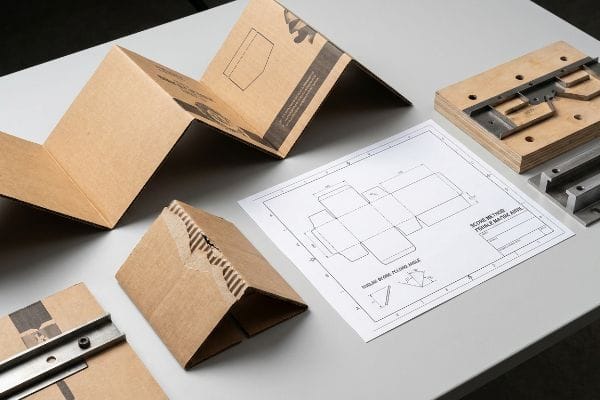 Brown corrugated cardboard samples, a box dieline, and steel rule die tooling with a Female Matrix Anvil for precise Score Method folding.