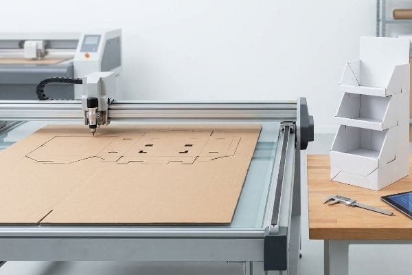 Brown corrugated cardboard is precisely cut by a digital prototyping machine, creating a flat-pack display unit.