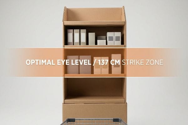 Cardboard display shelf with various boxes, highlighting the Optimal Eye Level / 137 Cm Strike Zone for product placement.