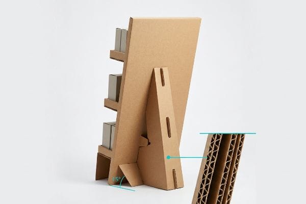Brown corrugated cardboard display stand, showcasing its 15-degree angled easel base and double-wall corrugated flute structure.