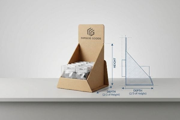 Cardboard point of sale display for Impulse Goods, illustrating the crucial 2:3 depth-to-height ratio for checkout counter stability, filled with small products.