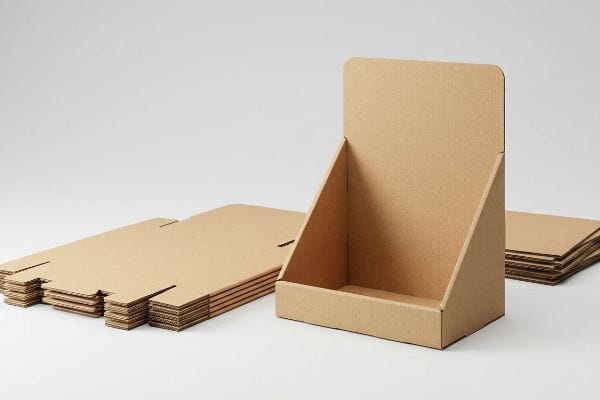 An assembled brown corrugated cardboard display box stands beside stacks of flat, unassembled paperboard packaging.
