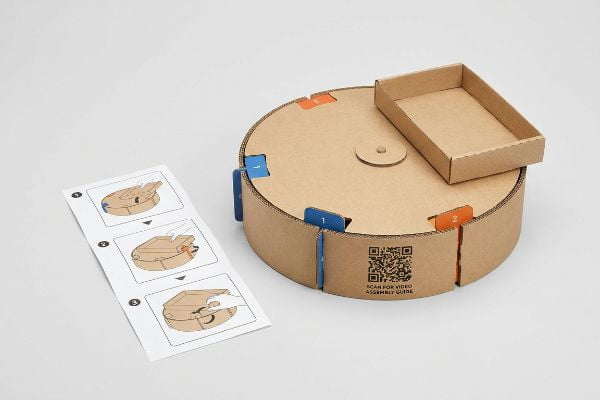 Expositor giratorio de cartón kraft natural con pestañas de encaje codificadas por colores, una guía de montaje visual al estilo IKEA y un código QR para un vídeo de montaje.