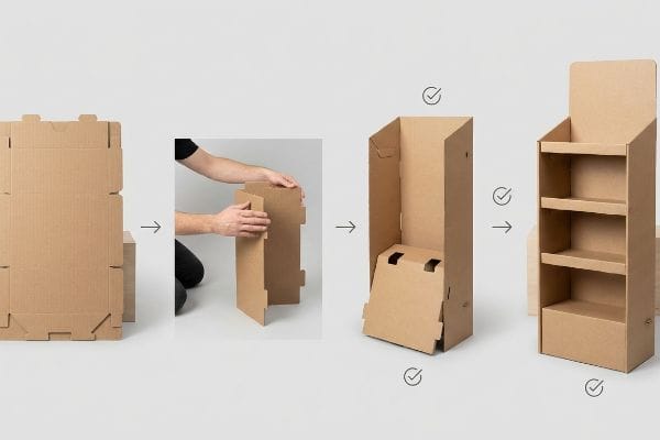 étapes d'assemblage d'un présentoir en carton