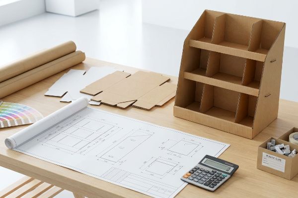 A well-lit workspace shows a brown corrugated cardboard POP display stand, flat die-cut cardboard sheets, a blueprint for structural engineering, a calculator, and a box of Plastic Clips, illustrating custom display design.