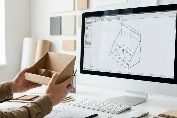 Die Hände eines Designers halten einen Prototyp eines Verkaufsdisplays aus braunem Karton, während auf einem Computermonitor das zugehörige 3D-CAD-Modell angezeigt wird.