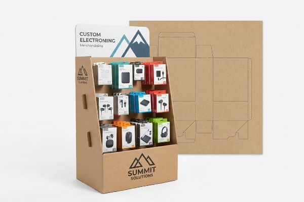 Custom Electroning Merchandising cardboard display by Summit Solutions, filled with electronics, beside a flat die-cut template.