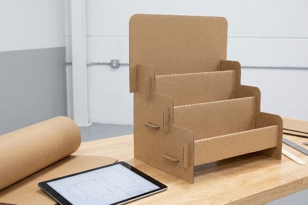 A workshop table displays a three-tier corrugated cardboard retail display stand with interlocking tabs and a tablet showing dieline designs.