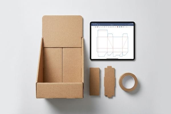 An overhead view displays a corrugated cardboard POS display, a tablet with a die-cut template, and packing tape for retail merchandising.