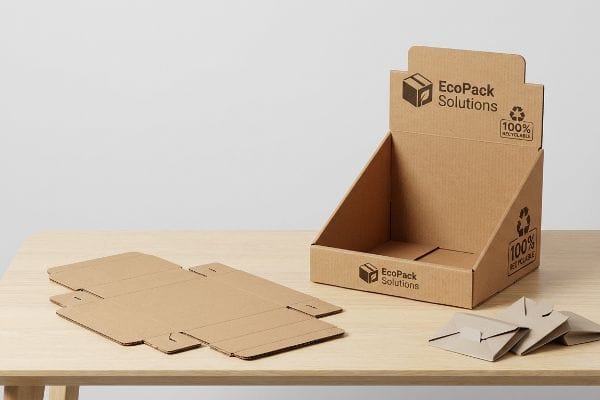 Natural kraft corrugated cardboard EcoPack Solutions display, flat-pack dieline, and origami-style paper locks, 100% Recyclable.