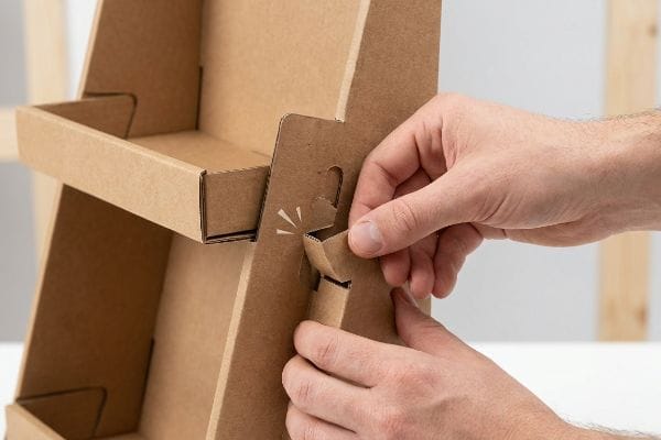 Expositor de cartón corrugado marrón, con un mecanismo de bloqueo por fricción tipo origami que permite un montaje sin herramientas.