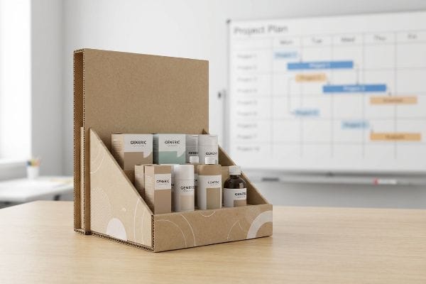 A corrugated cardboard counter display holds Generic product boxes and a bottle on a wooden table, with a blurred project plan.