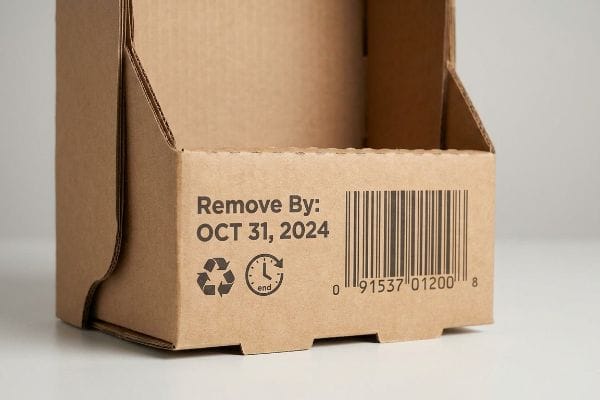 Brown corrugated cardboard display box with 'Remove By: Oct 31, 2024' date, recycling symbol, and UPC barcode.