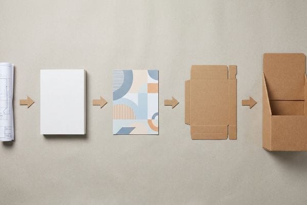 A visual timeline illustrates the custom cardboard display production process, from rolled blueprint and white sample prototyping to litho-laminated printing, flat die-cut, and assembled display.
