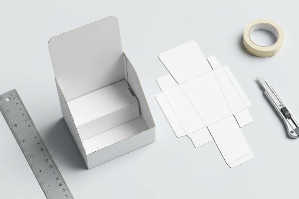 A white cardboard counter display prototype, its flat die-cut template, a ruler, utility knife, and masking tape are arranged on a light grey surface, illustrating the process of creating a structural mockup.